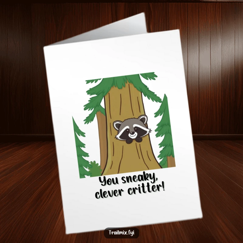Funny Free Printable Congratulations Card: Giggling raccoon peeks from behind a tree, celebrating your awesome achievement.