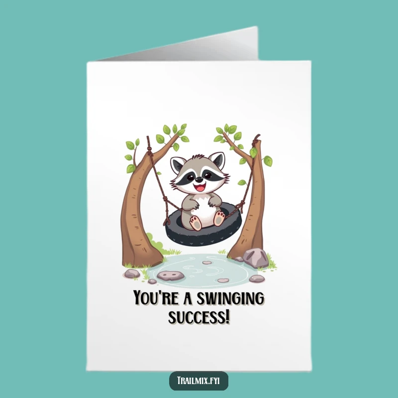 Free Printable Congrats Card: Raccoon's Stream Swing Victory - Funny Downloadable Gift