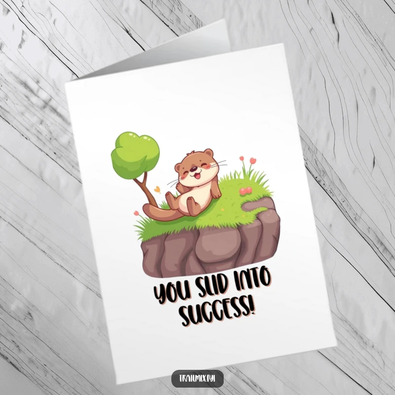 Funny Free Printable Congratulations Card: An otter character sliding gleefully down a grassy slope, perfect for a DIY card.