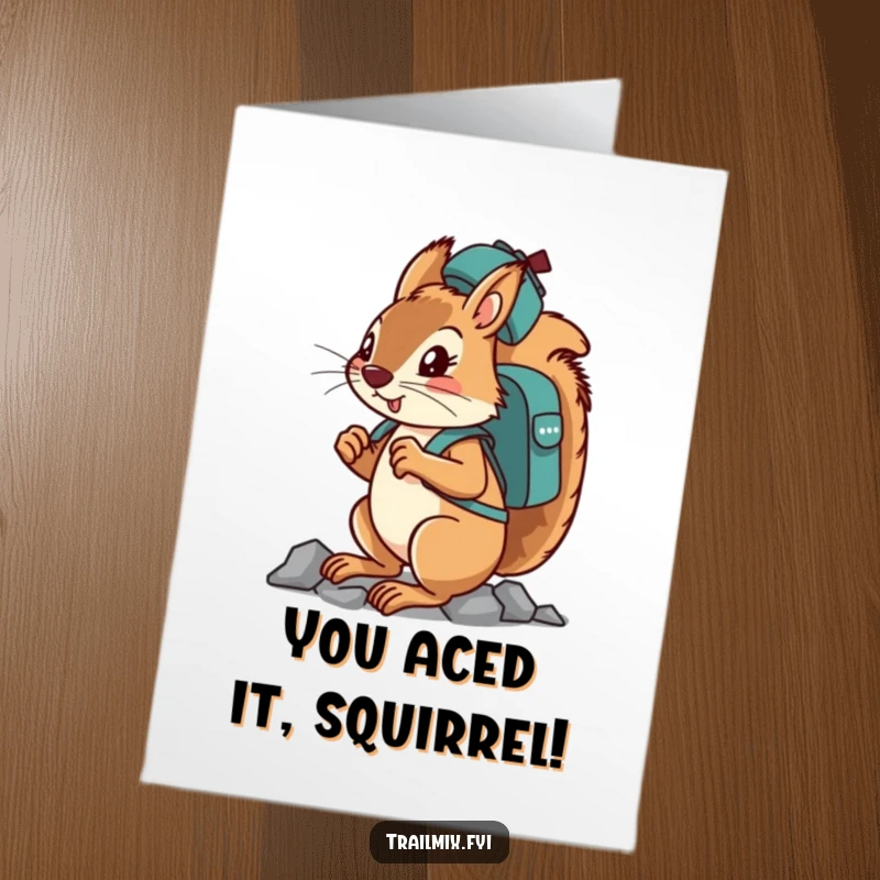 Funny Free Printable Congratulations Card: Determined squirrel character scaling heights while expertly balancing a backpack on its head, a symbol of effort.