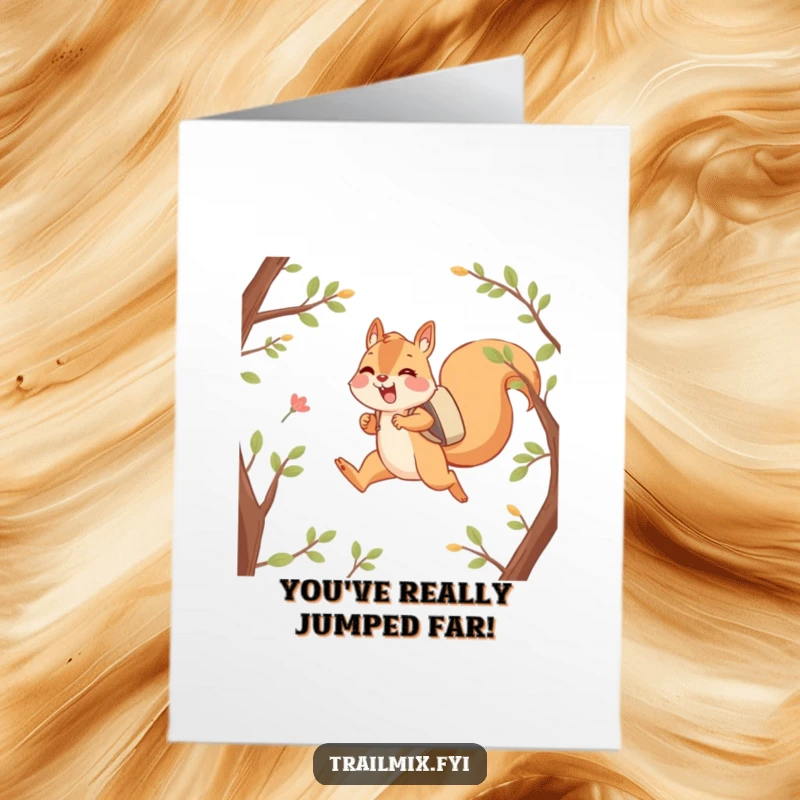 Funny Free Printable Congratulations Card: Happy squirrel character joyfully leaping between branches with a backpack, a unique DIY gift.