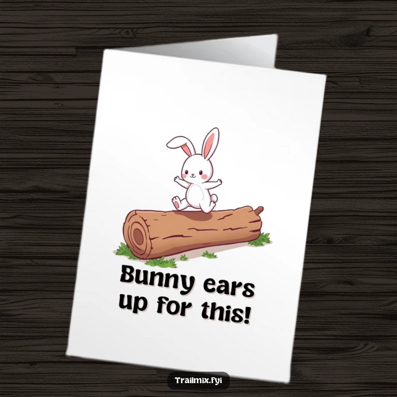 Funny Free Printable Congratulations Card: A happy bunny is shown mid-leap, enthusiastically clearing a fallen log.