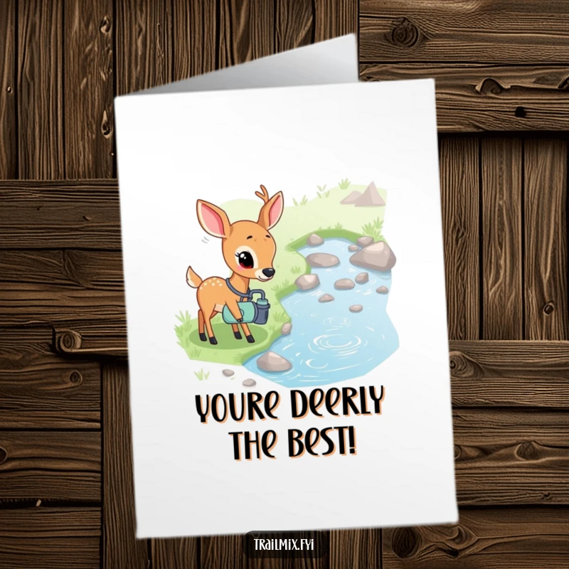 Funny Free Printable Congratulations Card: A shy deer with a canteen observing a bubbling stream, symbolizing a peaceful moment of success.