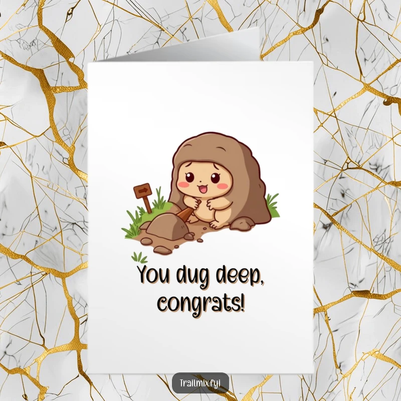 Funny Free Printable Congratulations Card: Determined cartoon mole digging a tunnel beside a trail, celebrating a milestone.