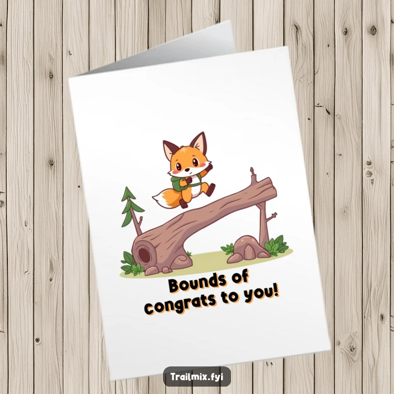 Funny Free Printable congratulations card showing a brave fox hiker energetically leaping over a fallen log, celebrating achievement, downloadable gift.