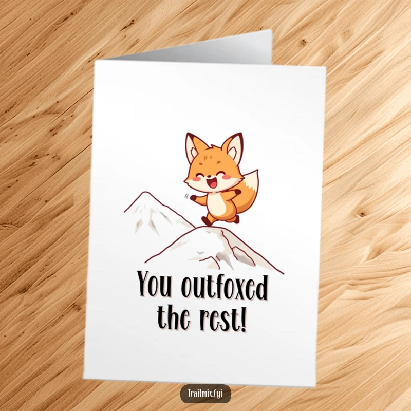 Funny Free Printable Congratulations Card: Delighted fox playfully bounding up a mountain slope, symbolizing achievement and progress.