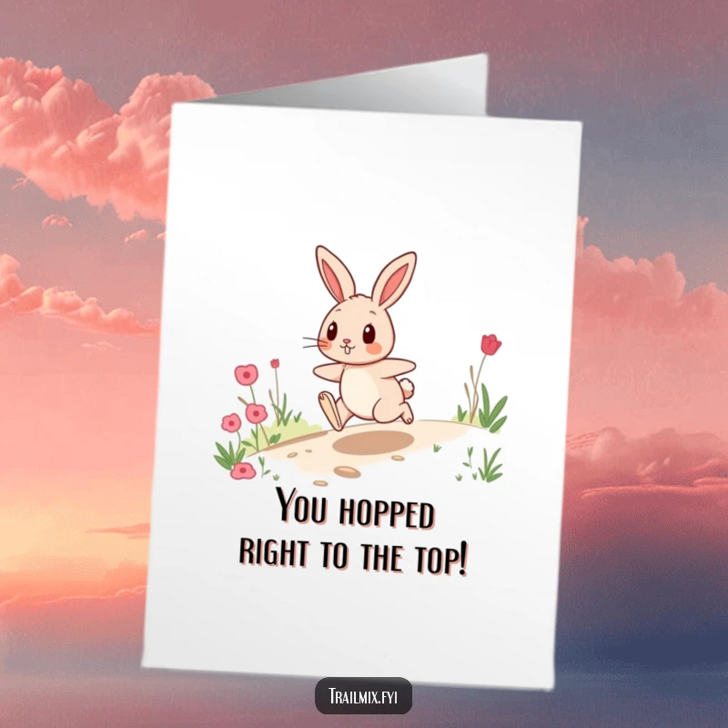 Funny Free Printable Congratulations Card featuring a playful rabbit hopping energetically along a scenic trail, celebrating achievement.
