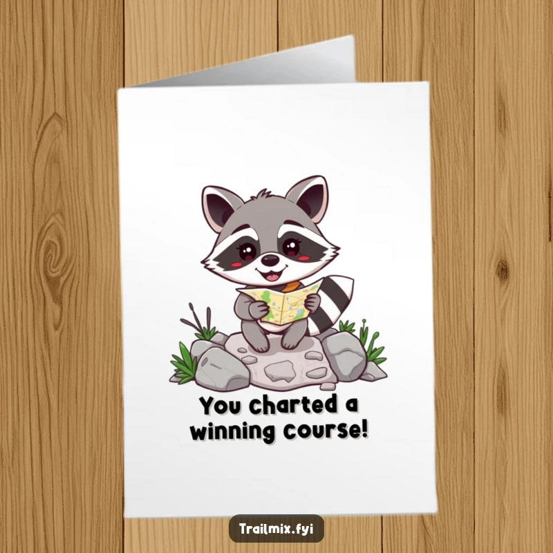 Funny Free Printable Congratulations Card: Happy raccoon with map navigating rocky path, celebrating success, downloadable art.