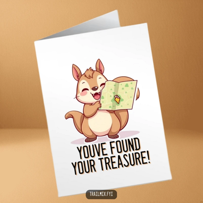 Free Printable Congratulations Card: A cheerful squirrel excitedly holds a tiny map aloft, celebrating a successful journey.