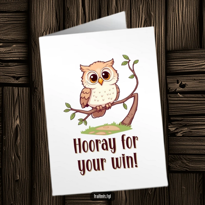 Funny Free Printable Congratulations Card: Curious cartoon owl perched on a branch, looking down a path, acknowledging achievement.