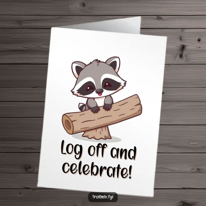 Funny Free Printable Congratulations Card: A comical raccoon attempting to balance precariously on a log, celebrating a successful, albeit shaky, victory.