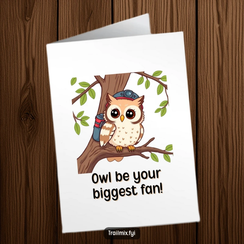 Funny Free Printable Congratulations Card: A wise owl hiker surveying the view from a tree branch, celebrating a successful journey.