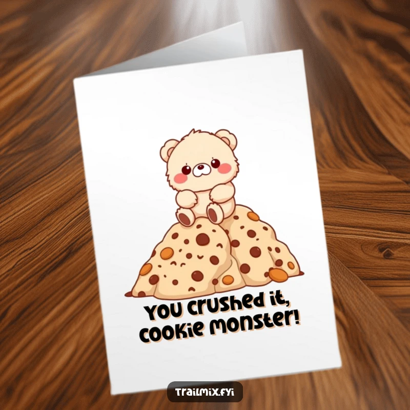 Funny Free Printable Congratulations Card: A fluffy bear character joyfully hiking up a huge mountain constructed entirely of cookies, a sweet achievement.