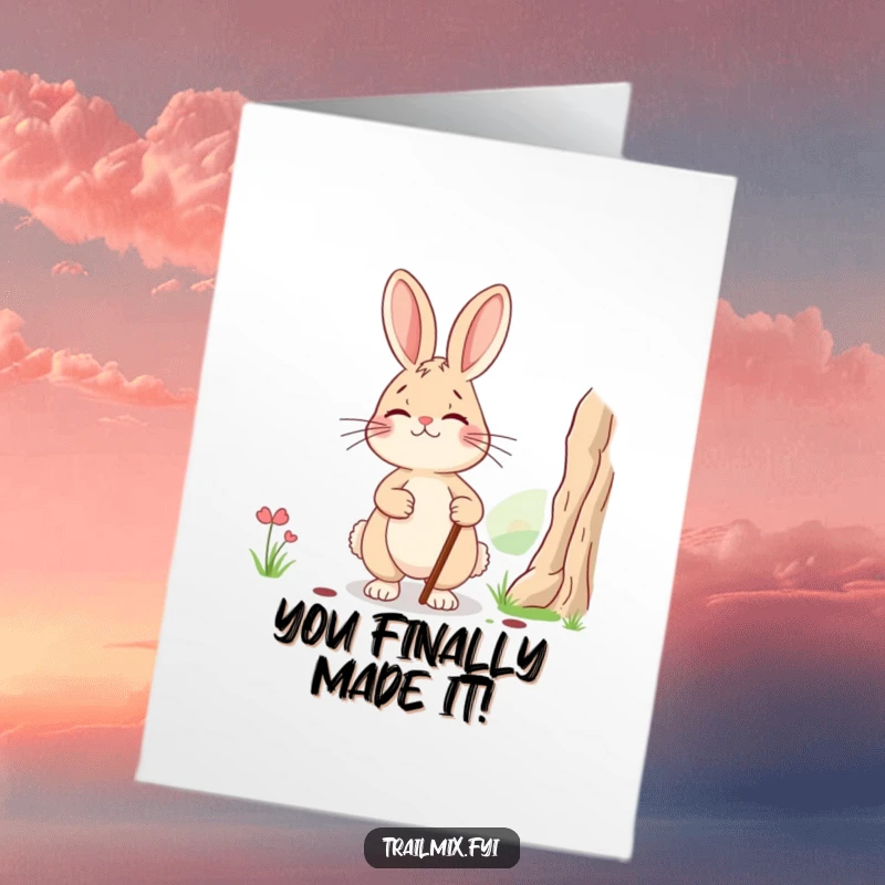 Funny free printable congratulations card with a smiling, tired rabbit holding a walking stick, admiring a beautiful landscape.