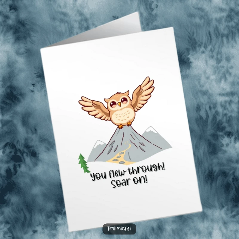 Funny Free Printable Congrats Card: Joyful owl in mid-flight celebrating a triumphant ascent.
