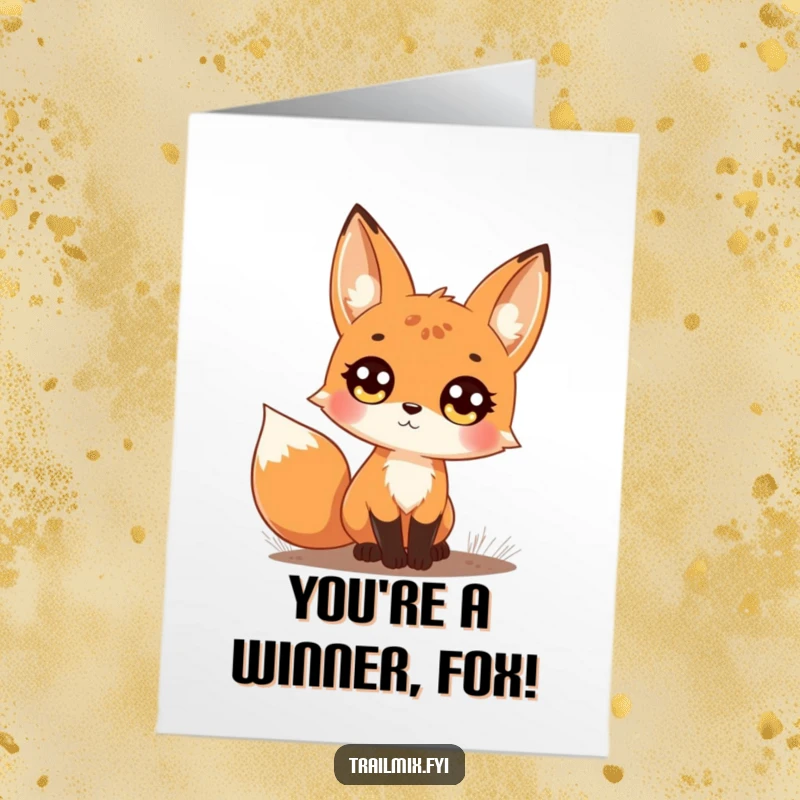 Free Printable Congrats Card: A curious fox looking up with big, bright eyes from a woodland path.