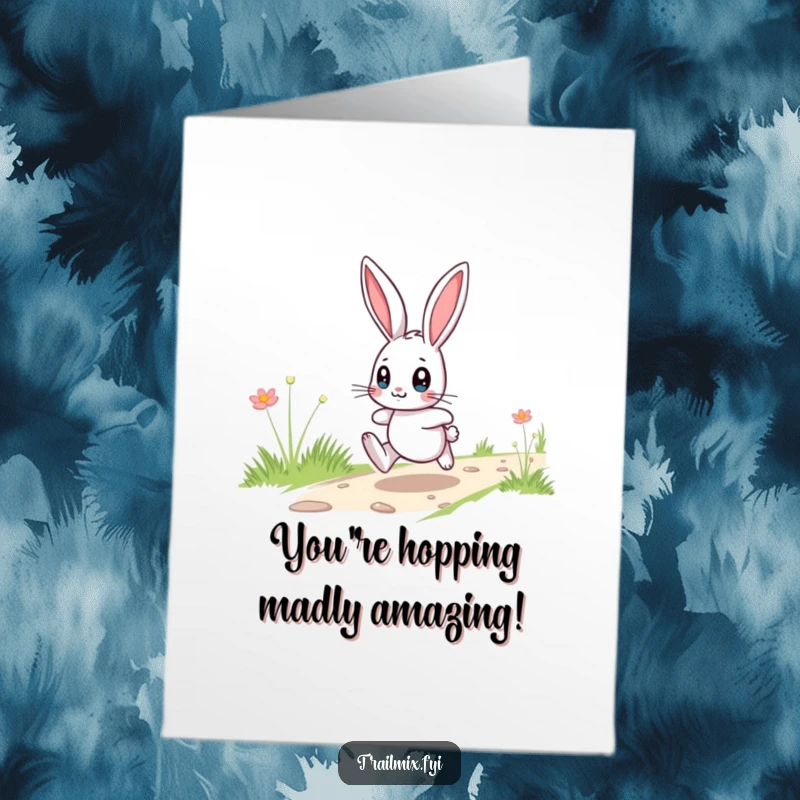 Funny Free Printable Congratulations Card: Playful bunny hopping excitedly, celebrating a win, downloadable art.