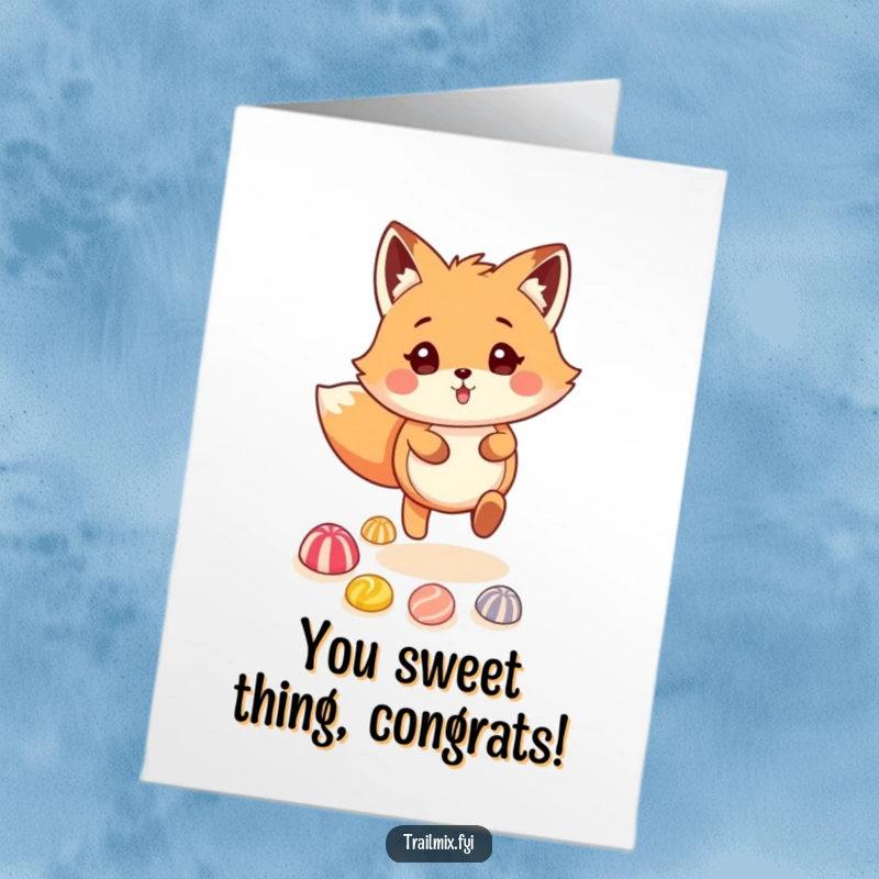 Funny Free Printable Congratulations Card: Fluffy fox skipping on a bright candy trail, celebrating achievements with sugary delight.