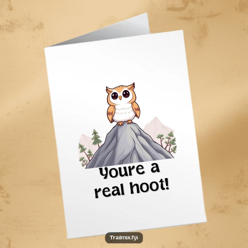 Funny Free Printable Congratulations Card of a curious owl character perched on a peak, observing and celebrating achievements with thoughtful humor.
