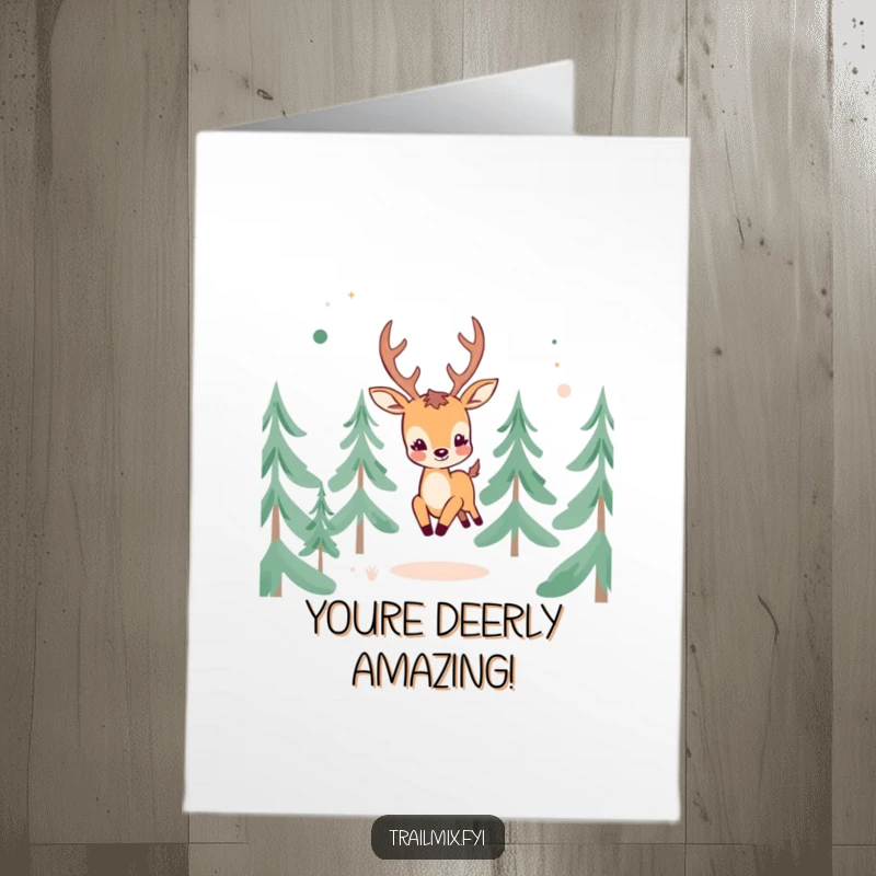 Funny Free Printable Congratulations Card of a cheerful deer character frolicking through abstract pine trees, symbolizing joyful success and new beginnings.