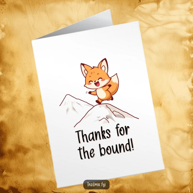 Funny Free Printable Thank You Card: Delighted fox playfully bounding up a mountain slope, conveying lively thanks.
