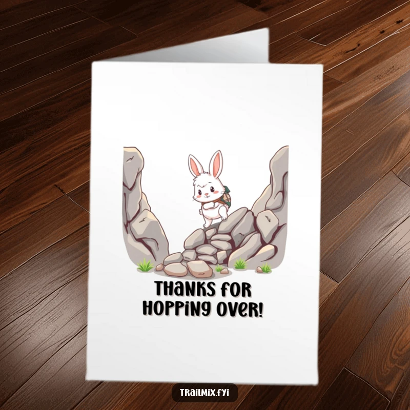 Funny Free Printable Rabbit Thank You Card: Fluffy rabbit scrambling up a path, ready for thanks.