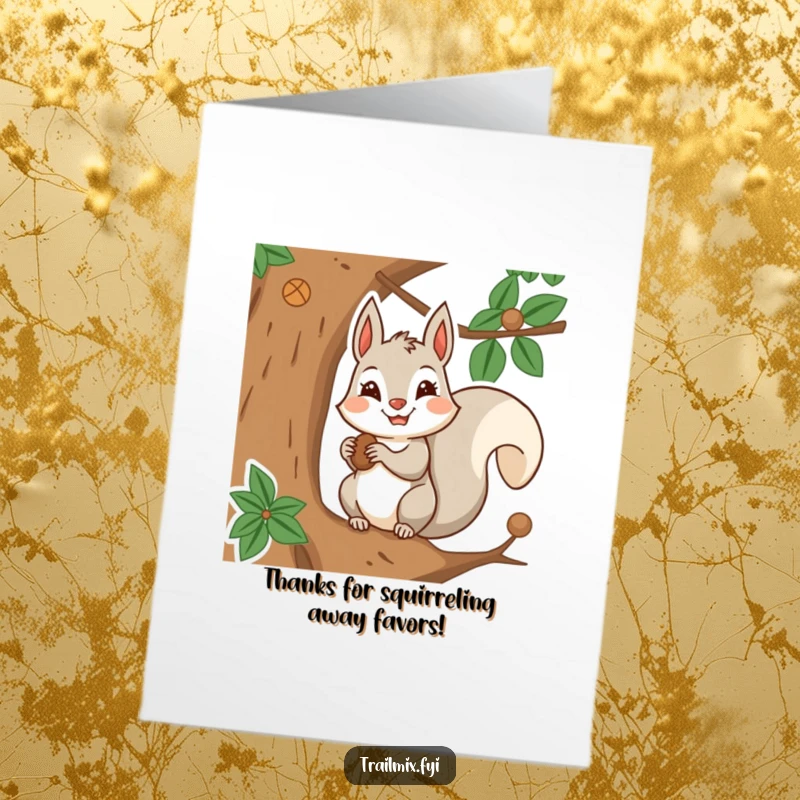 Funny Free Printable Thank You Card showing a smiling squirrel determinedly storing nuts, expressing thanks.