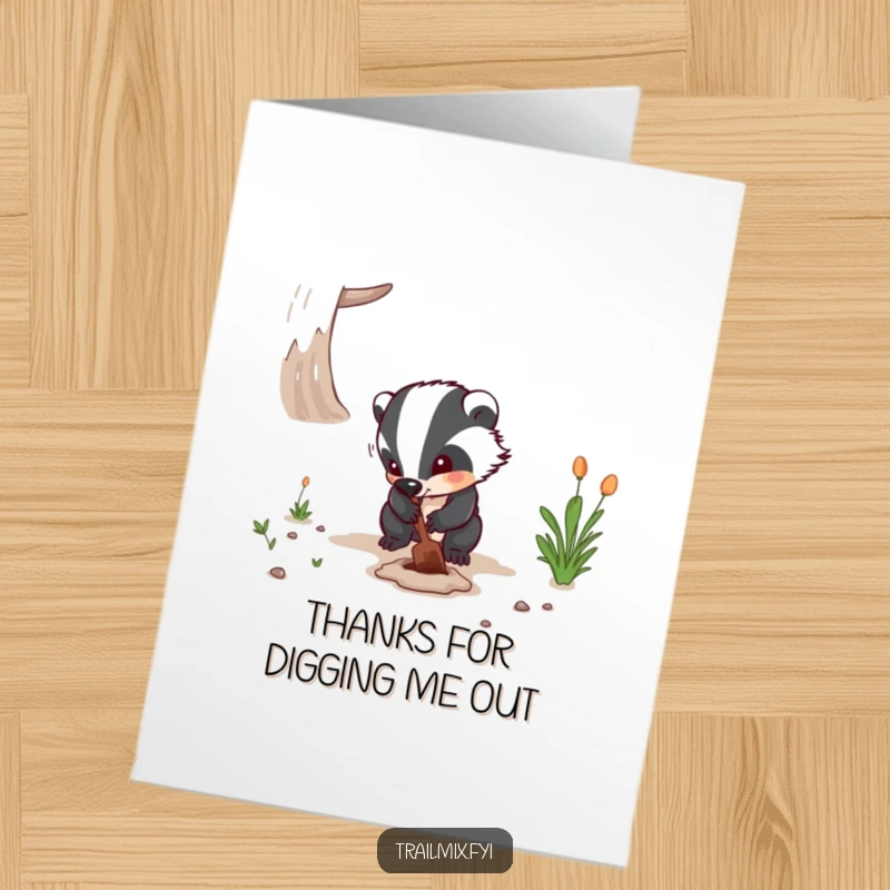 Funny Free Printable Thank You Card: Determined badger digging intently, expressing sincere thanks.