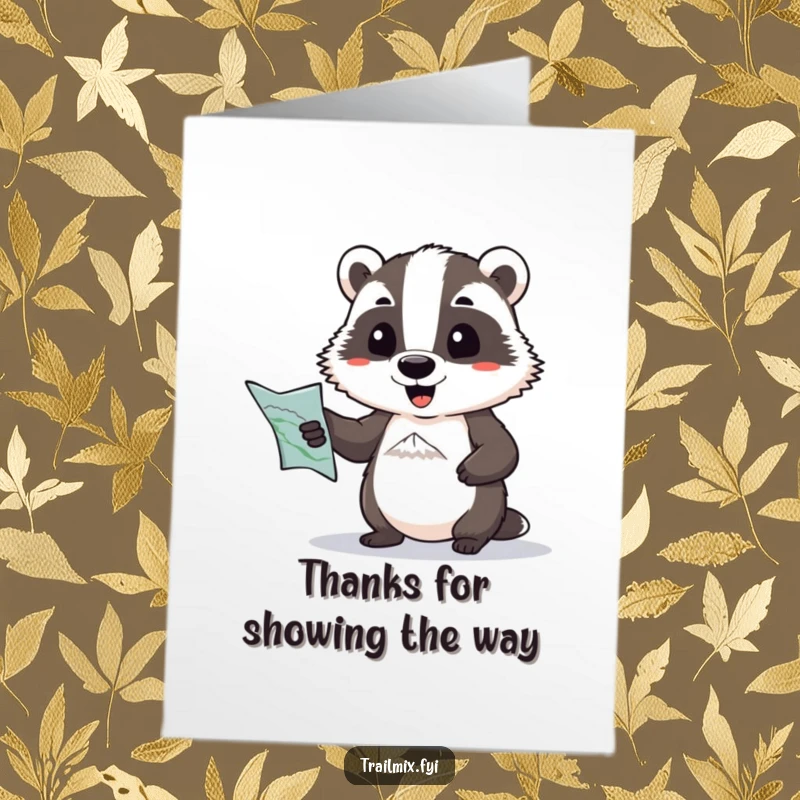 Funny free printable thank you card: a determined badger with a map humorously guiding the way to a distant summit.