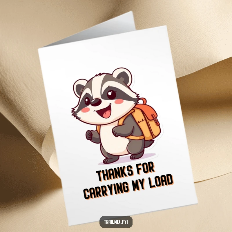 Funny Free Printable Thank You Card: A smiling badger character carrying a knapsack, offering thanks with a cheerful and adventurous spirit.