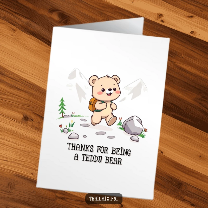 Funny Free Printable Thank You Card: Happy bear cub with backpack skips along a mountain path, saying thanks.