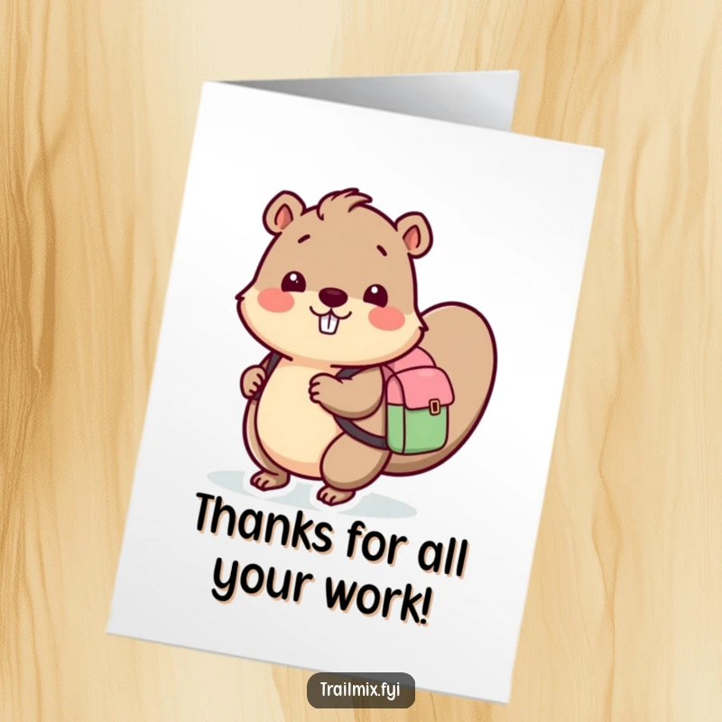 Funny Free Printable Thank You Card: A happy beaver character with a small backpack, perfect for a DIY thank you.