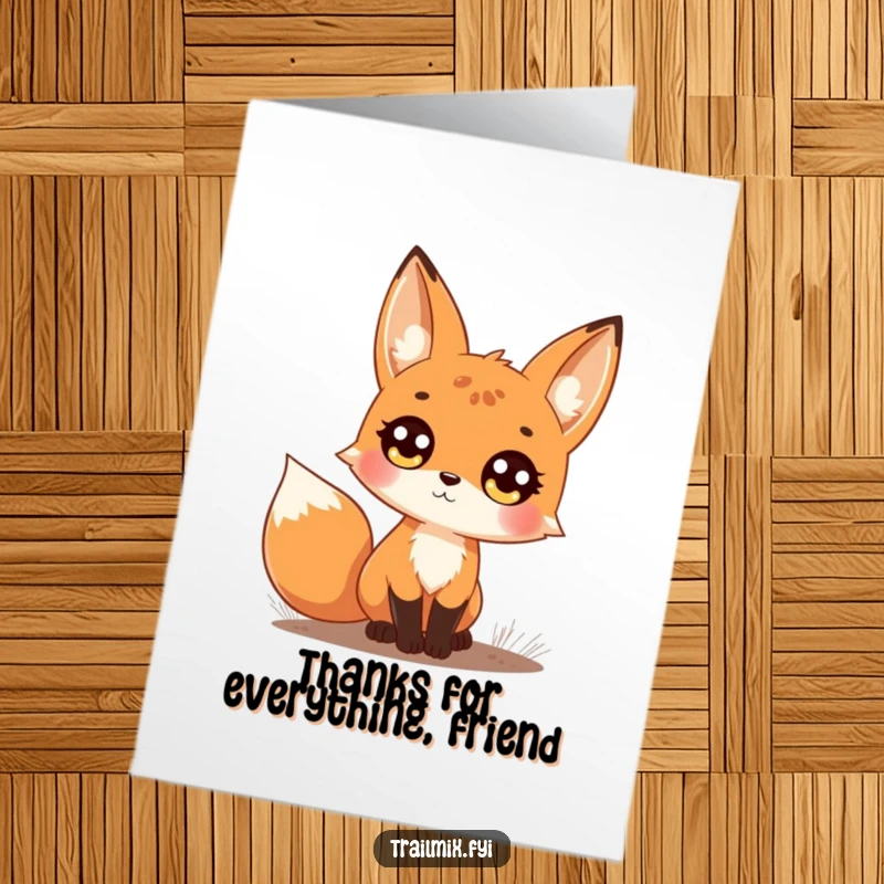 Free Printable Thank You Card: A curious fox with wide, bright eyes looking upwards from a forest trail.