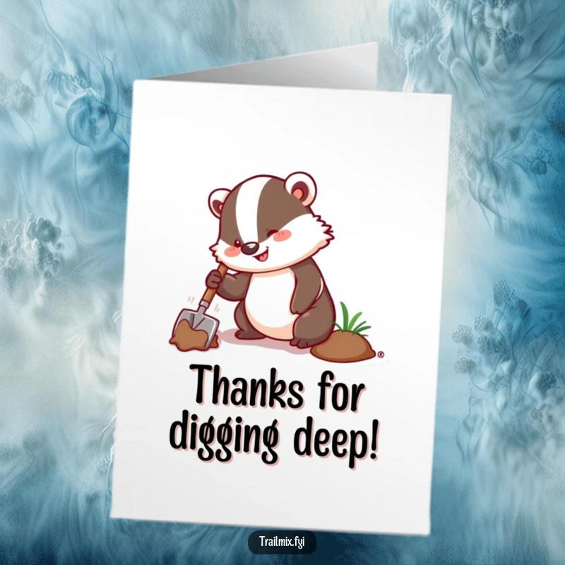 Funny Free Printable Thank You Card: A happy badger character digging with a trowel, perfect for a DIY thank you.