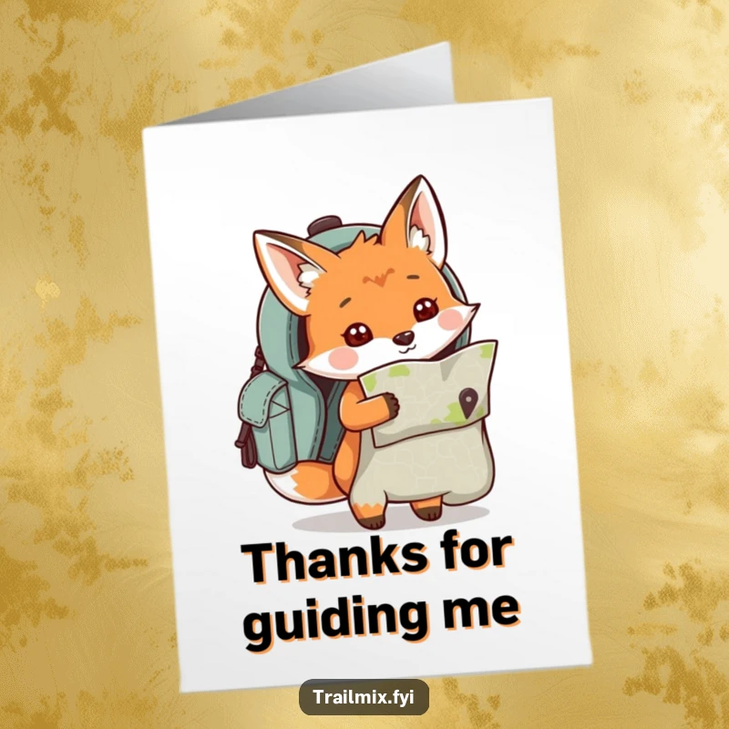 Funny Free Printable Thank You Card: A curious fox with a map peeks out of a backpack, ready for its next adventure.