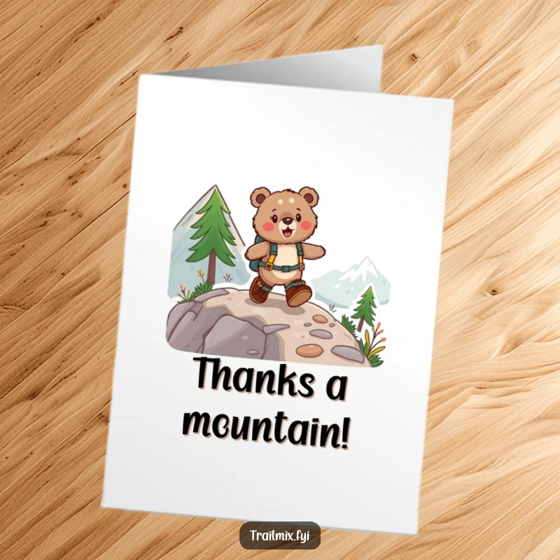 Funny Free Printable Thank You Card: Cheerful bear with hiking boots skipping up a mountain path.