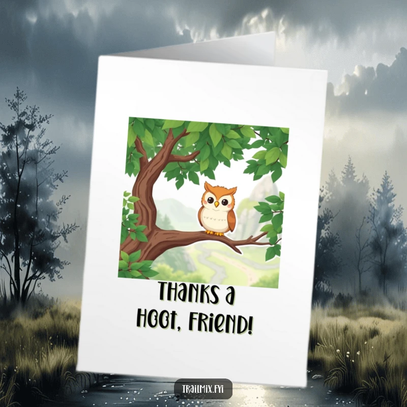 Funny free printable thank you card: Smiling owl perches on a branch, surveying a beautiful hiking trail, conveying thanks.