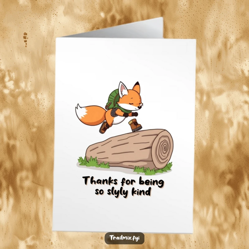 Funny Free Printable Thank You Card: Playful fox in hiking boots gracefully leaps over a log, conveying thanks.