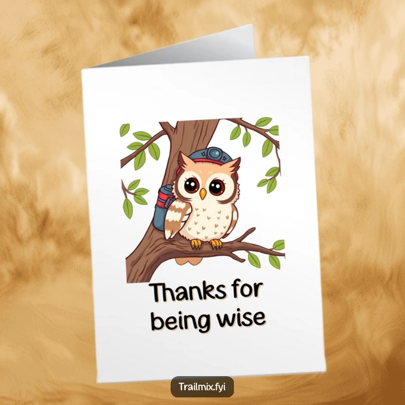 Funny Free Printable Thank You Card: A curious owl hiker looking out from a branch, conveying thanks with a wise, adventurous spirit.