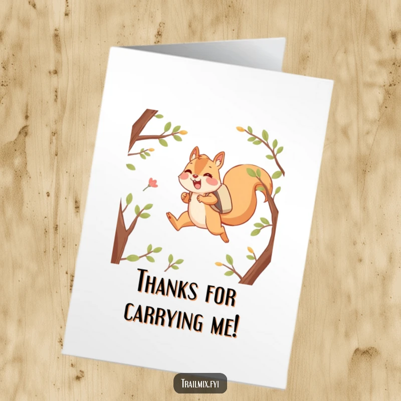 Funny Free Printable Thank You Card: Happy squirrel character joyfully leaping between branches with a backpack, a delightful DIY gift idea.