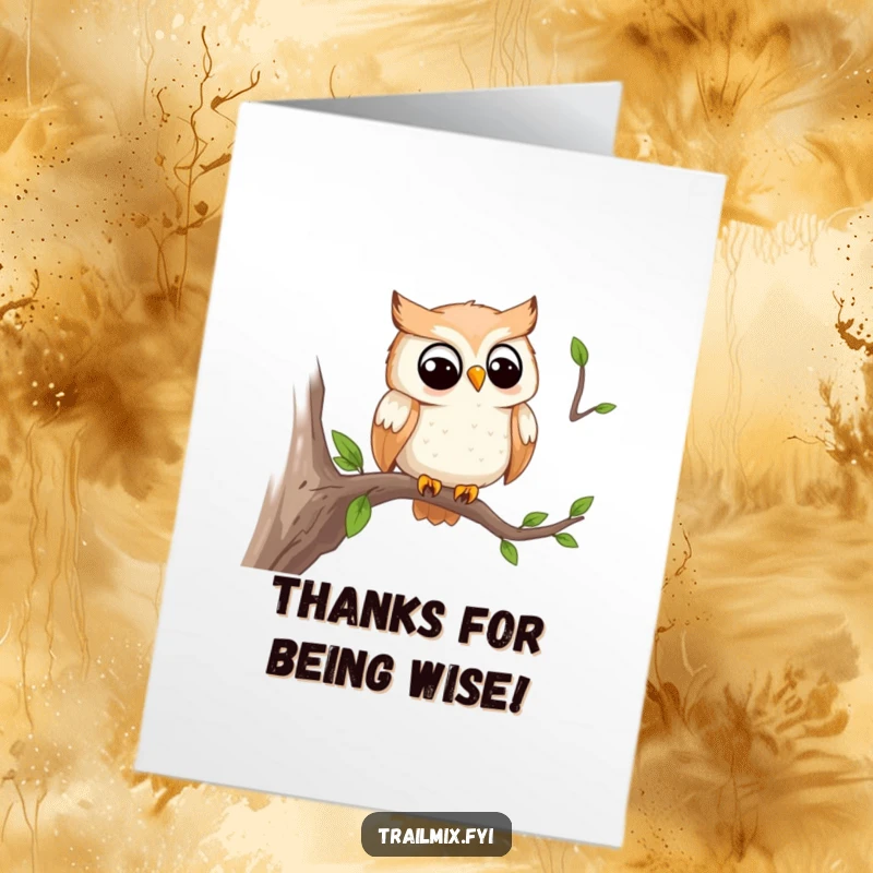 Funny Free Printable Thank You Card: A smiling owl character perched on a branch, observing wisely, perfect for DIY.