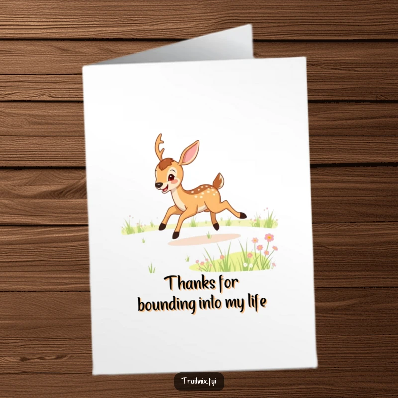 Funny Free Printable Thank You Card: Joyful deer bounding playfully, conveying thanks with woodland charm.