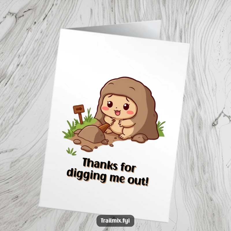 Funny Free Printable Thank You Card: Determined cartoon mole digging a tunnel beside a trail, expressing thanks.