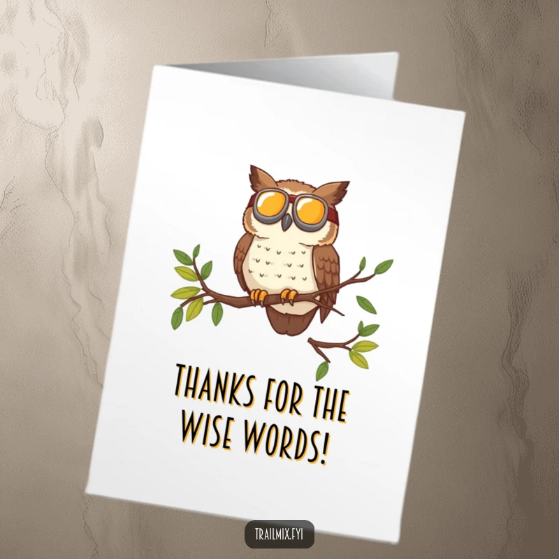 Funny Free Printable Thank You Card: A brave owl wearing goggles surveys the trail, offering thankful observation from above.