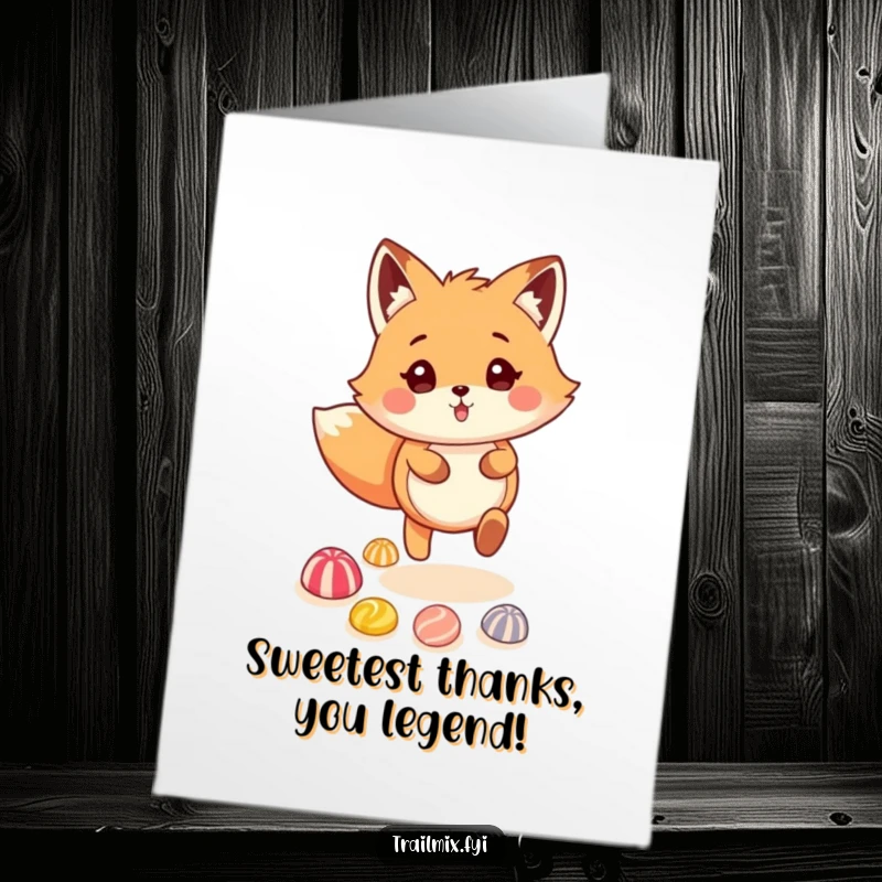 Funny Free Printable Thank You Card: Fluffy fox skipping on a colorful candy trail, a delightful way to show thanks.