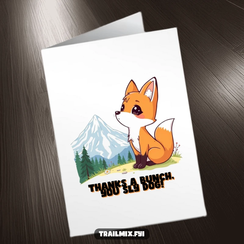 Funny Free Printable Thank You Card with a curious fox admiring a beautiful mountain vista, expressing gratitude.