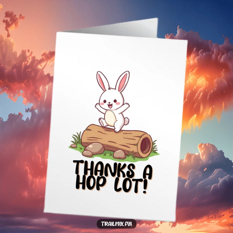 Funny Free Printable Thank You Card: A jovial rabbit demonstrating a playful hop over a log.