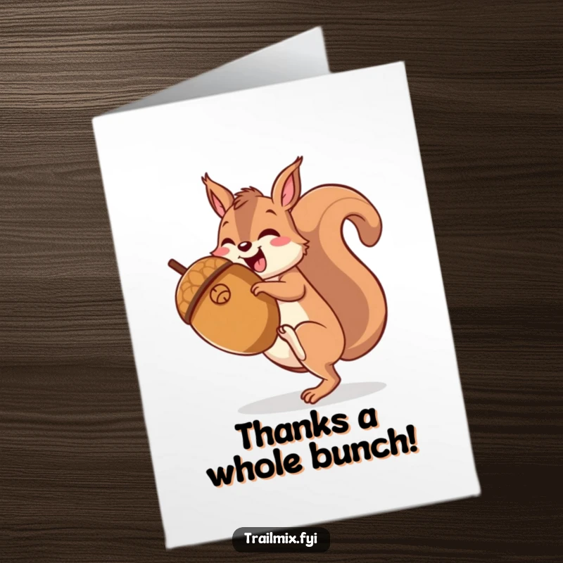Funny Free Printable Thank You Card: A happy squirrel is depicted mid-climb on a giant acorn, looking cheerful.