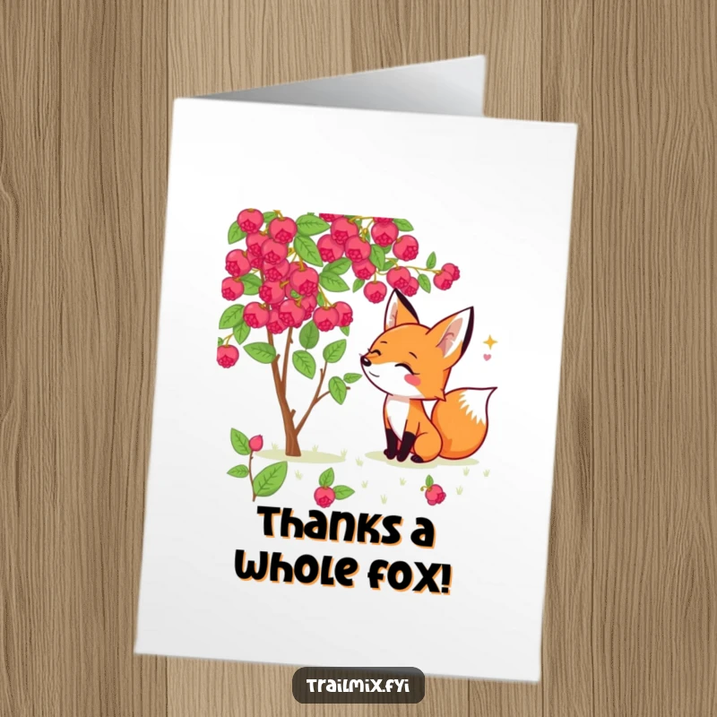 Funny Free Printable Thank You Card: A cheerful fox investigating a lush wild berry bush with delight.