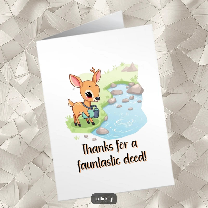 Funny Free Printable Thank You Card: A shy deer with a canteen curiously watching a stream, offering thanks in a gentle way.
